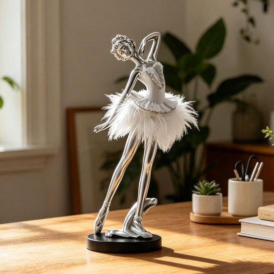 Resin Ballet Girl Figurine,  Modern Ballerina Dancer Statue with Feather Skirt, Gold Silver Metal Line Art Ornament, Cute Desktop Accessories for