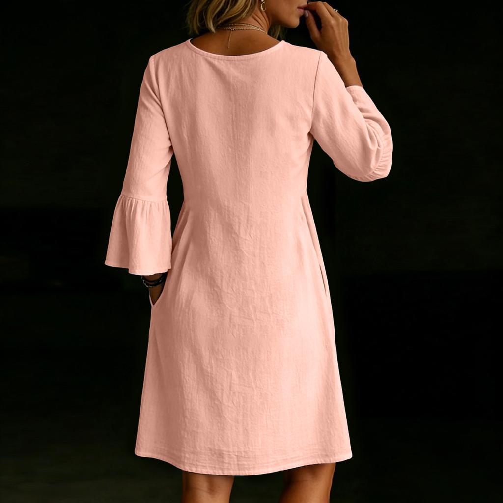 Women's Fashionable Color Loose Button V-neck Long Sleeved Loose Dress