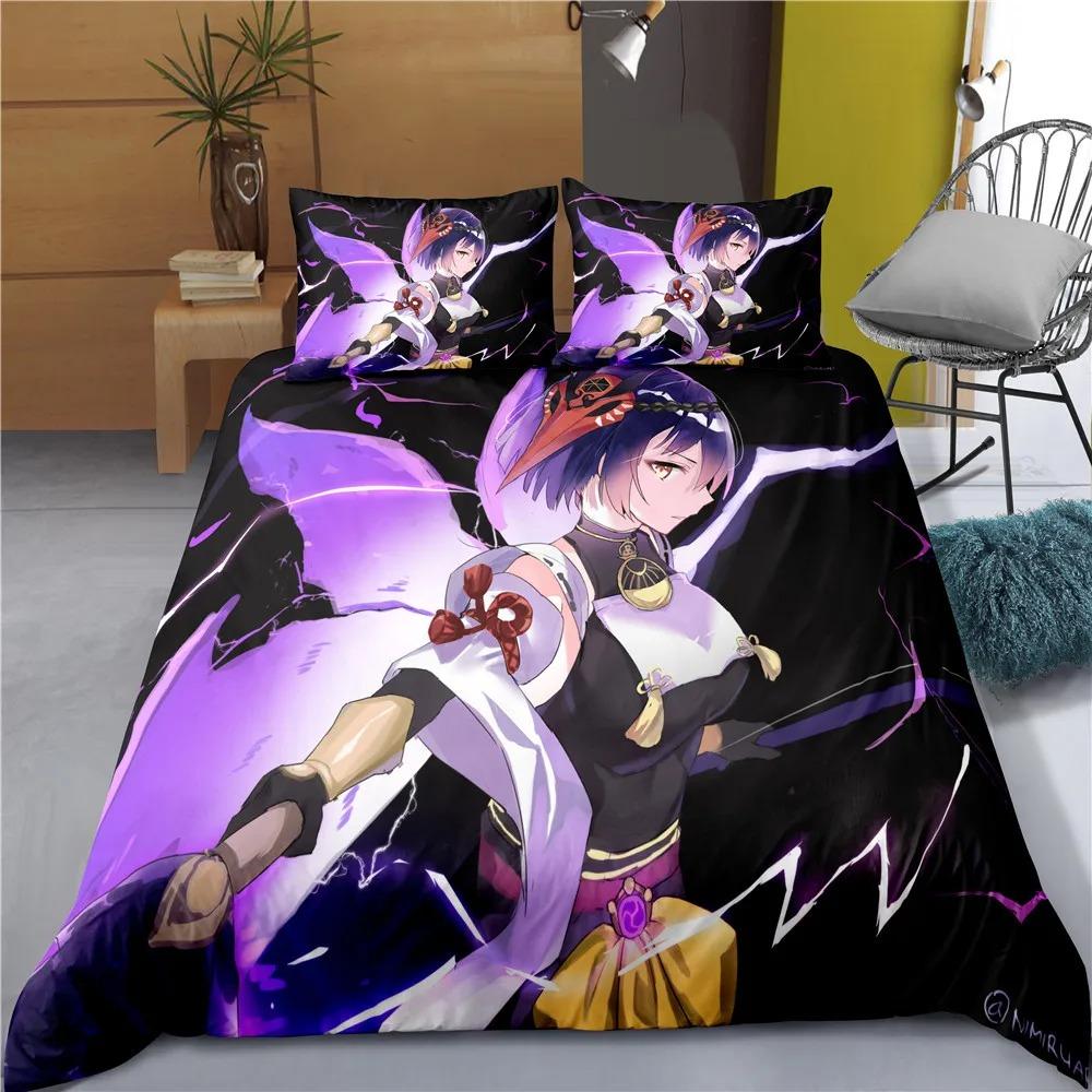Comforter Indecor Genshin Impact Keqing Bedding Set Single Twin Full Size For Kids Adults Bedroom Decor