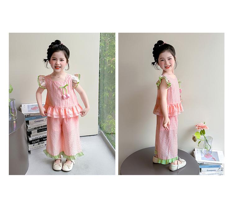 2026 New Girls' Summer Style: Fashionable Solid Color Lace Two-Piece Set with Small Puff Sleeves for Small and Medium Children