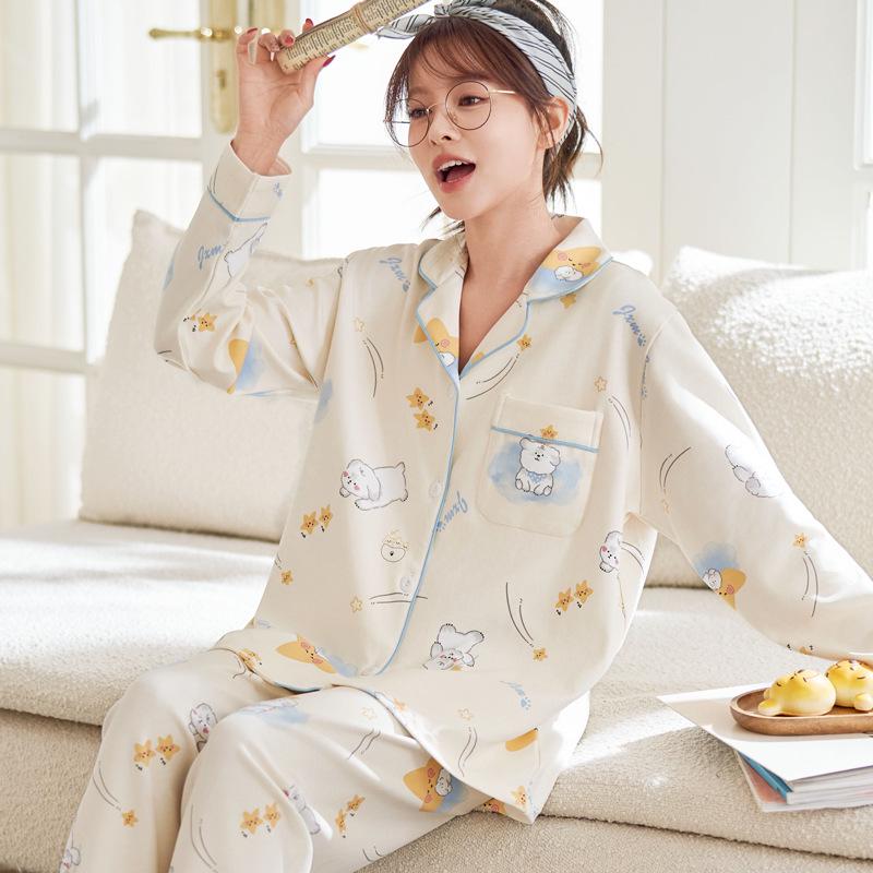 

Женская пижама с длинным рукавом в корейском стиле 2025 - Милая, повседневная и подходящая для улицы, Идеально подходит для весны и осени Large