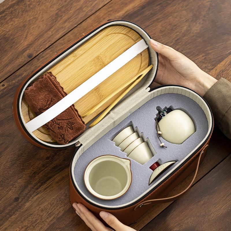 Ru Kiln Travel Kuaike Cup Kung Fu Tea Set Portable Travel Bag Company Annual Meeting Business Gifts Teapot