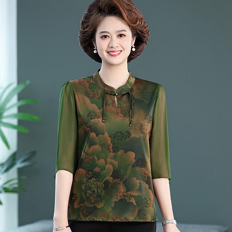 

Red Retro Chinese Style Summer Top for Middle-Aged and Elderly Women 3XL (120-135 lbs) зелений