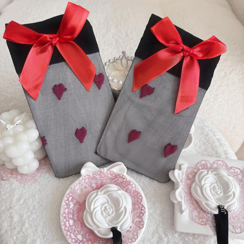 Love Bow Thigh Socks Party Sweet Cute Ultra-Thin Knee Socks Women'S Pure Desire Red Bow Stockings