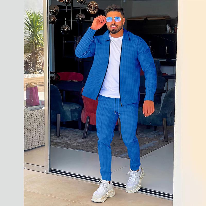 Autumn 2025 Men's Waffle Knit Long Sleeve Zip Cardigan & Turn-Down Collar Casual Sports Set