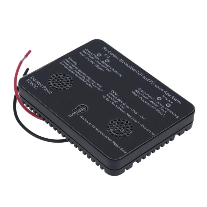 Metal Housing Gas Monitor for Motorhomes with Face-Mounted Test/Silence Control, 2 Side Openings, Red and Black Cables, and Installation Tool