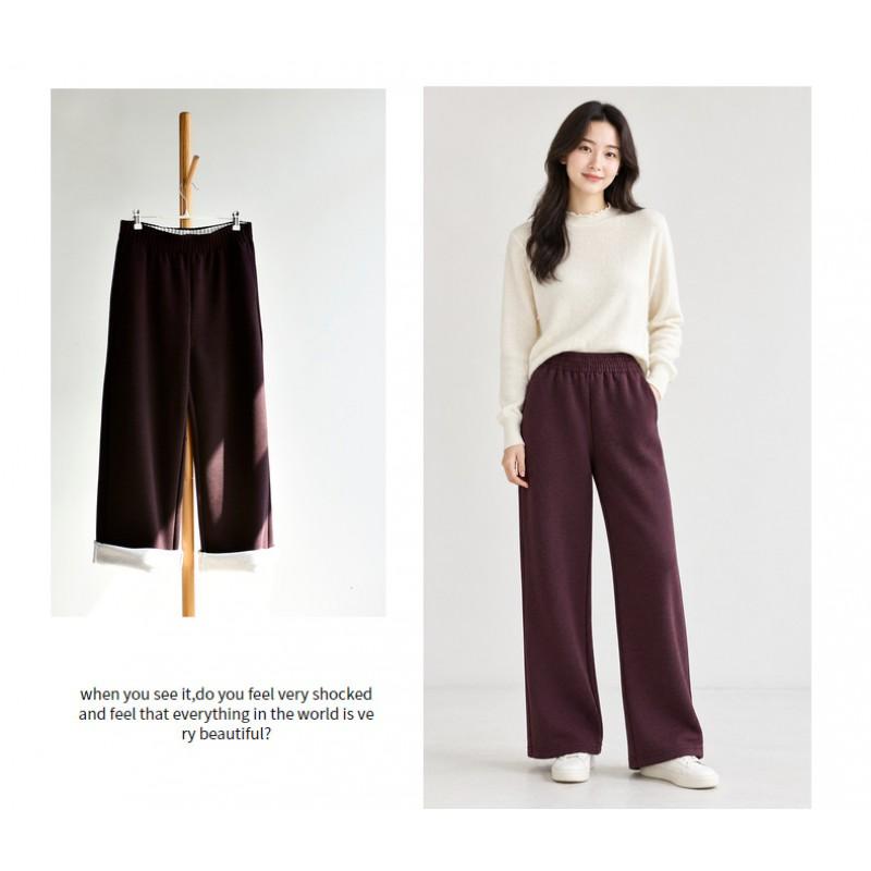 Womens Winter Warm Wide Leg Pants High Waist Thick Pleated Trousers Casual Loose Fit Elastic