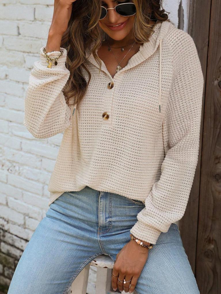 Women's Autumn New Solid Color Long Sleeve Jacket with Hooded Button Waffle Loose Hoodie