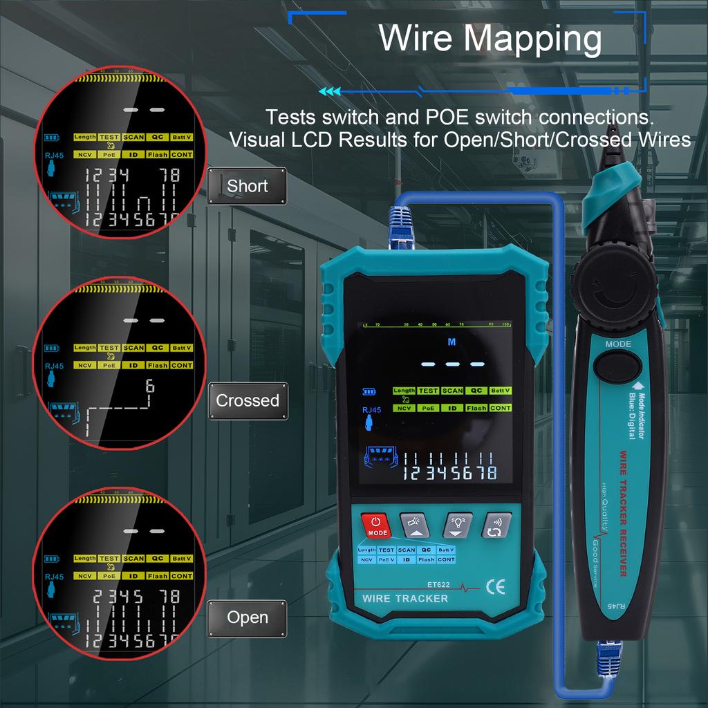 Network Cable Tester with POE Voltage Detection, Wire Tracker, RJ45 Length Measurement (400m) Cable Continuity Test or Ethernet