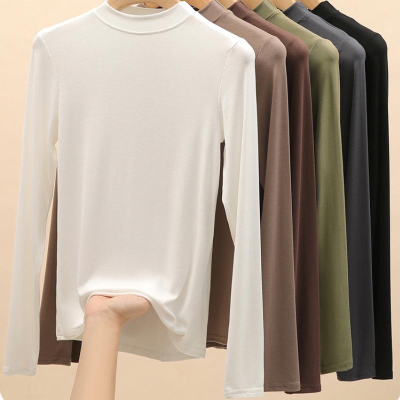 Women's Long Sleeved T-shirt Solid Color Half High Neck Round Neck Base Shirt