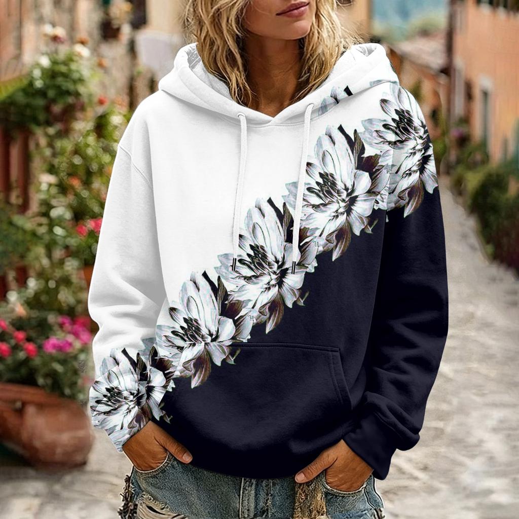 Women's Floral Print Casual Hoodie with Pocket and Long Sleeve Top