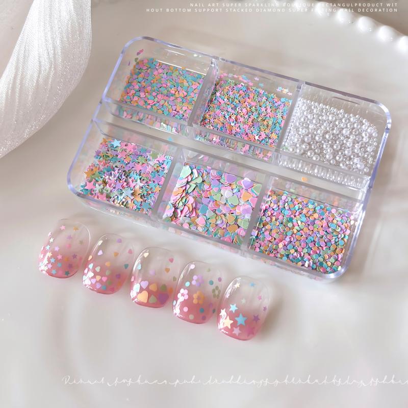 6 Grids Mixed White Pearl Nail Charms 3D Round Pearl Beads Color Sequin Nail Art Rhinestones Manicure Accessories Diy Parts