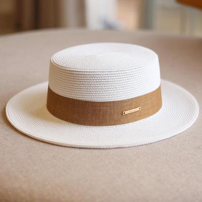 Elegantiškas moteriškas korėjietiškas vasaros šiaudinis fedora skrybėlis - plokščiu viršumi, universalus, skrybėlė nuo saulės kasdieniam dėvėjimui arba atostogoms