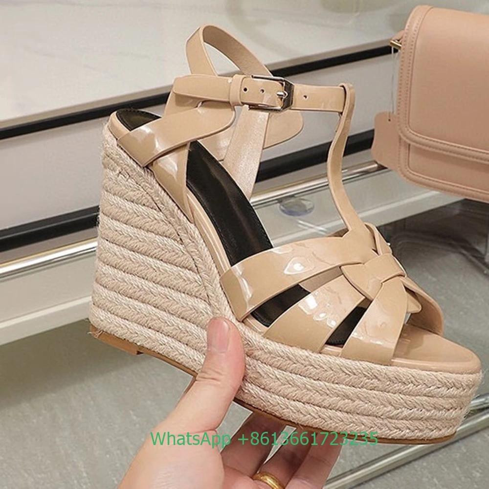 Fashion Cross Straps Open Toe Wedges Women Sandals Solid Color Open Toe Real Patent Leather Espadrilles Shoes Newest Summer 14cm Heels