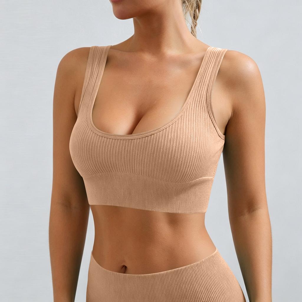 Women’s Ribbed Seamless Sports Bra Scoop Neck Wireless Stretchy Fitness Crop Top for Yoga Pilates Gym Workout