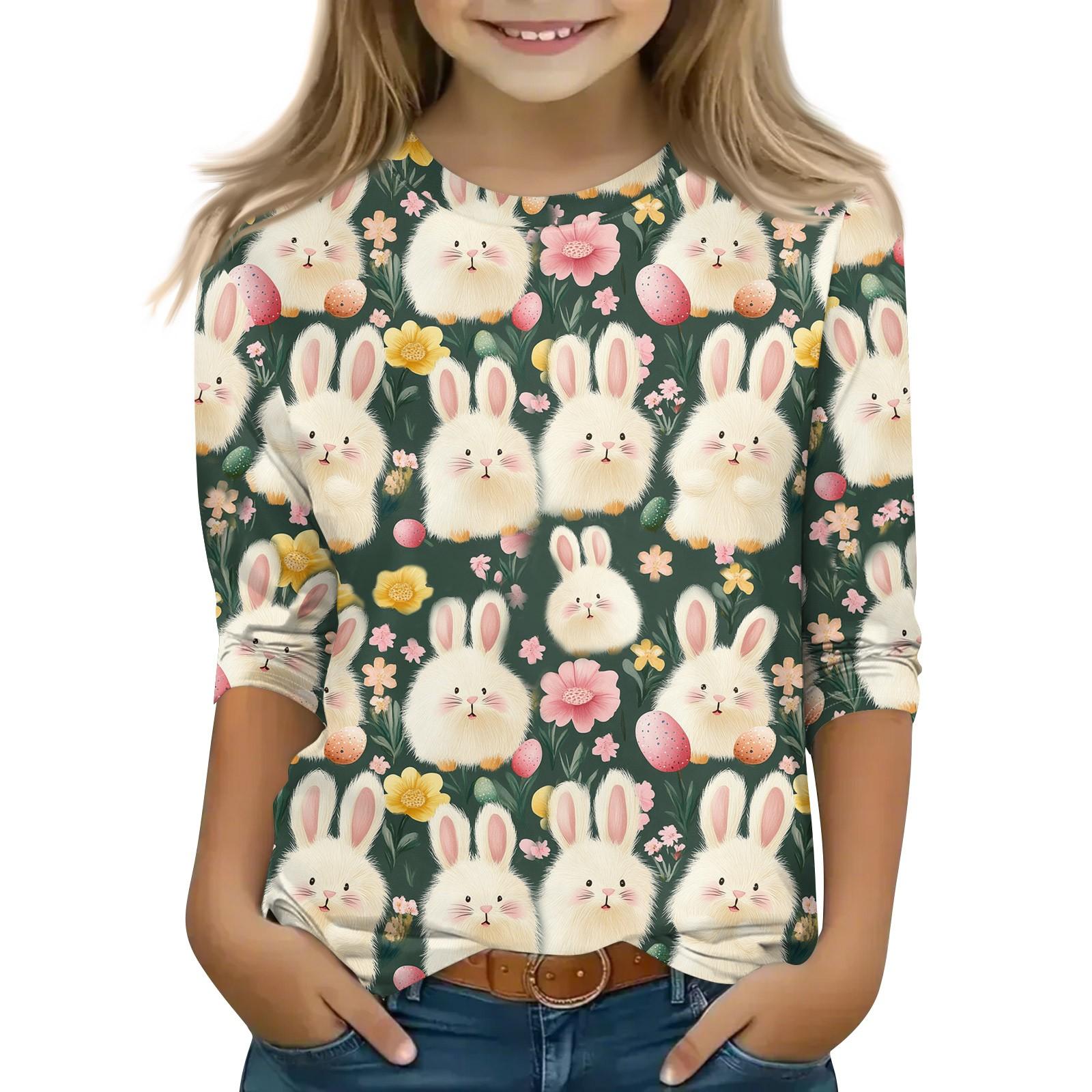 

Print Tops For Youth Girls Round Neck 3/4 Sleeves T-Shirts Trendy Tops Outfit Tees 140