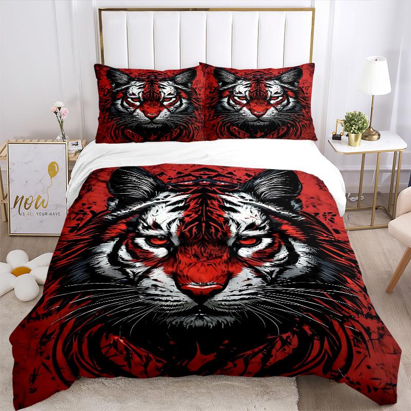 3pcs Red and Black Tiger Print Bedding Set (1 Cover + 2 Pillowcases, Without Inserts), This Printed Bedding Set is Soft and