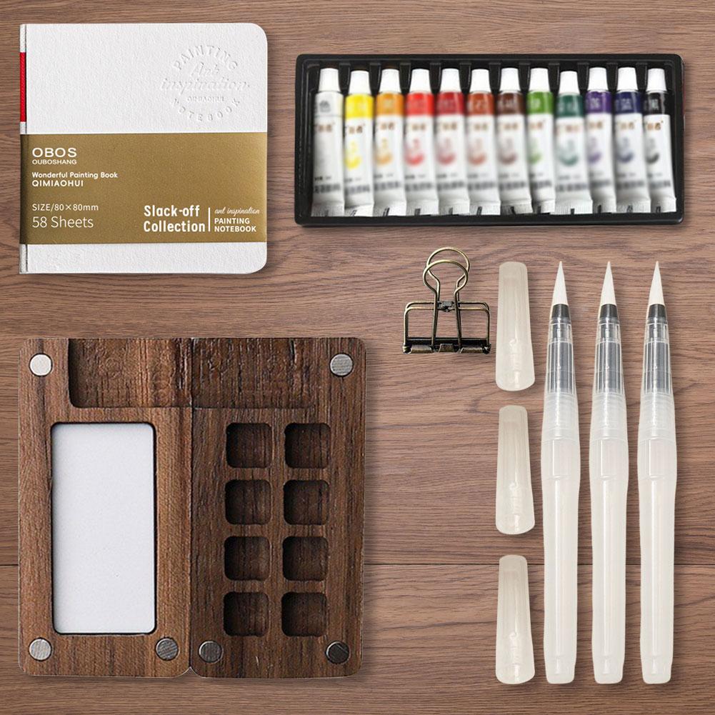 Professional Watercolor Painting Supplies Includes Wooden Palette with Multiple Grid Sections for Creative Artists Sets
