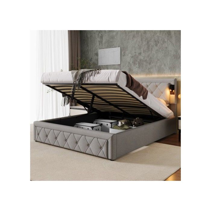 Lit capitonné - MUVOE - 160x200 cm - avec downlights - port USB - tête de lit en lin gris