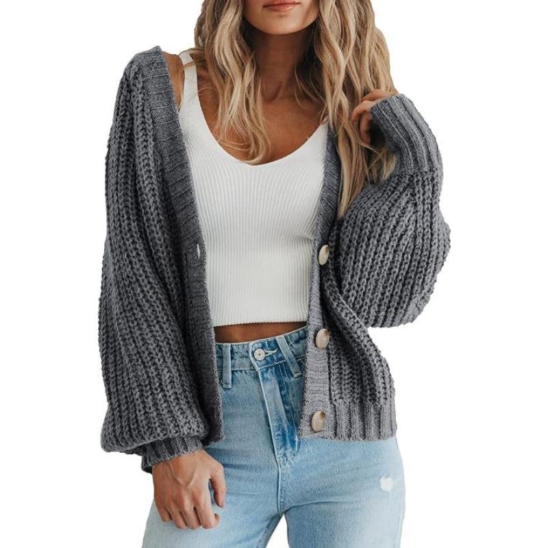 Autumn Winter Solid Color Simple Fashion Buttons Knitting Top Women Loose CasualCardigan Outwear Sweater