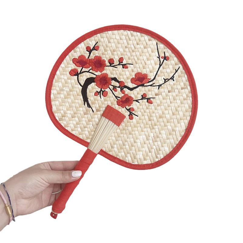 Retro Palm Fan For Summer Home Hand-Woven Straw Fans Bossom Plum Flower Embroidery Summer Cooling Hand Fan