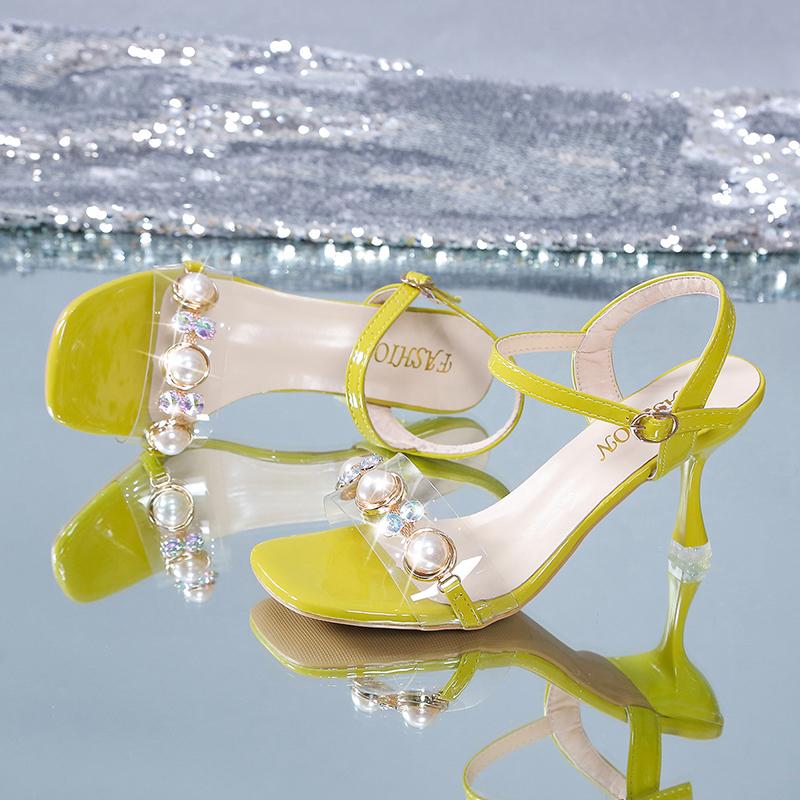 

Мода Aphixta 2025 Новые Летние 7,5 см Блестящие Тонкие Каблуки Женские Сандалии Роскошные Бриллианты Жемчужная Пряжка Крутой Ремешок на Щиколотке Открытый Носок Синие Туфли 40 жёлтый