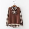 Women's Retro V-Neck Sweater Vest & Plaid Shirt Two-Piece Set - Autumn Winter Color Block Knit Cardigan Japanese Style Fashion