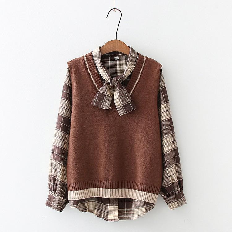 Women's Retro V-Neck Sweater Vest & Plaid Shirt Two-Piece Set - Autumn Winter Color Block Knit Cardigan Japanese Style Fashion