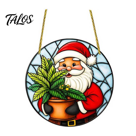 Stained Glass Style Holiday Decor Christmas Hanging Pendant, Acrylic Santa Claus Plants Ornaments with Lanyard Decorative for Xmas Tree Decoration,