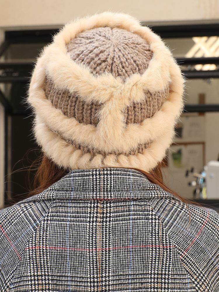 Rabbit Fur Knitted Bucket Hat Women's Autumn and Winter Ear Protection Warm Windproof Wool Hat Winter Hat