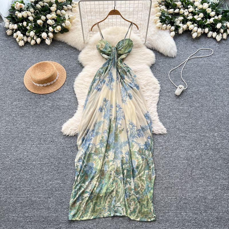 French Style Holiday Style Dress Women 2025 Summer Niche Design Sense Bustier Irregular Print Long Skirt