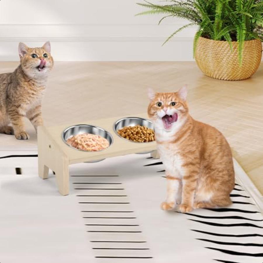 Elevated Cat Bowl 15 Tilted Wooden Cat Bowl Stand with 2 Stainl Bowls for Food and Water Food Bowls Stand for Indoor Cats