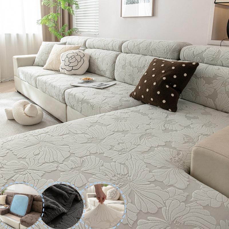 Flowers Jacquard Fleece Sofa Cushion Cover Stretchable Anti-Slip Couch Slipcovers Dustproof Sofa Toppers Furniture Protector