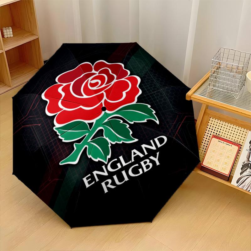 England Rugby Print Auto 8?Ribs Folding Umbrella Wind Resistant Lightweight Automatic Umbrella For Daily Travel