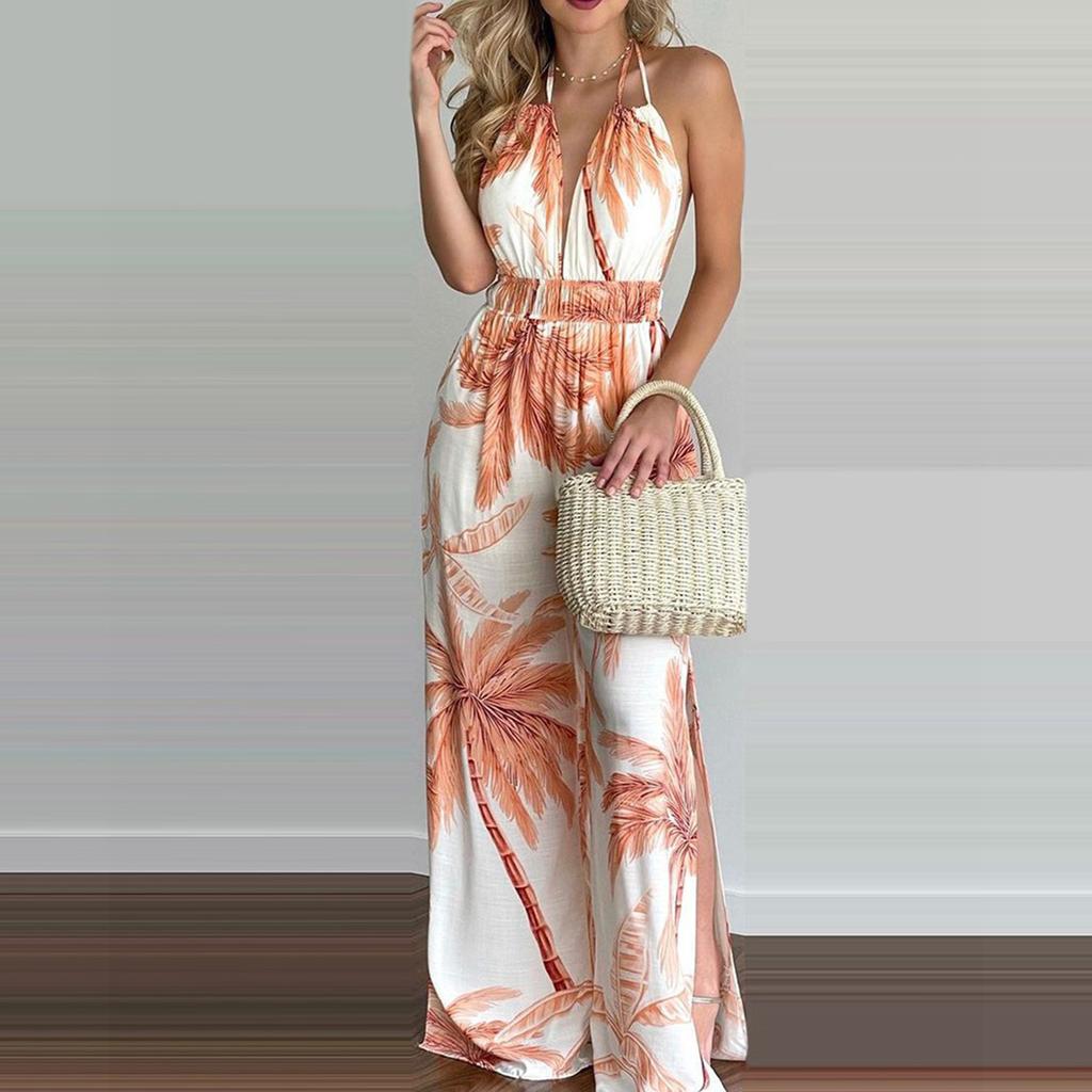 Fashion Tropical Print Halter Jumpsuit Women Backless Elastic Waist Wide Leg Beach Romper