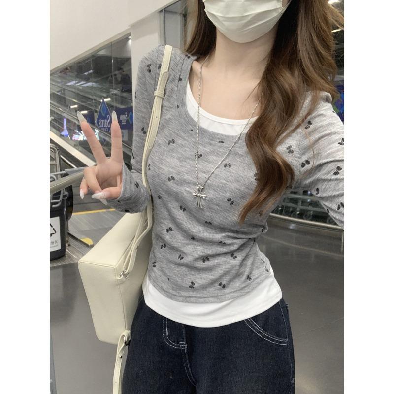 Age reduction pure desire style fake two-piece butterfly print collar long-sleeved bottoming shirt women's autumn pleated waist inner top