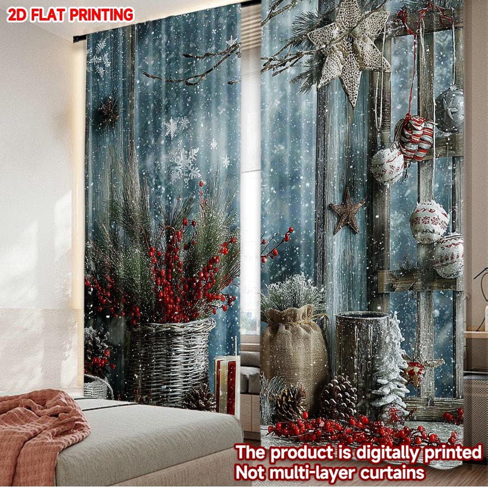 

2pcs Winter Snowscape Curtains 2D Flat Digital Printing Red Berries Pine Branches with Snowflakes Stars for Cozy Christmas Decor 100*130 Rod Pocket 1pcs