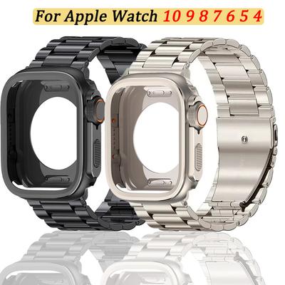 Alloy Case+Stainless Steel Strap For Apple Watch Ultra 2 1 49mm 46mm 45mm 44mm Hollow Out Protective Cover For Iwatch 10 9 8 7 6
