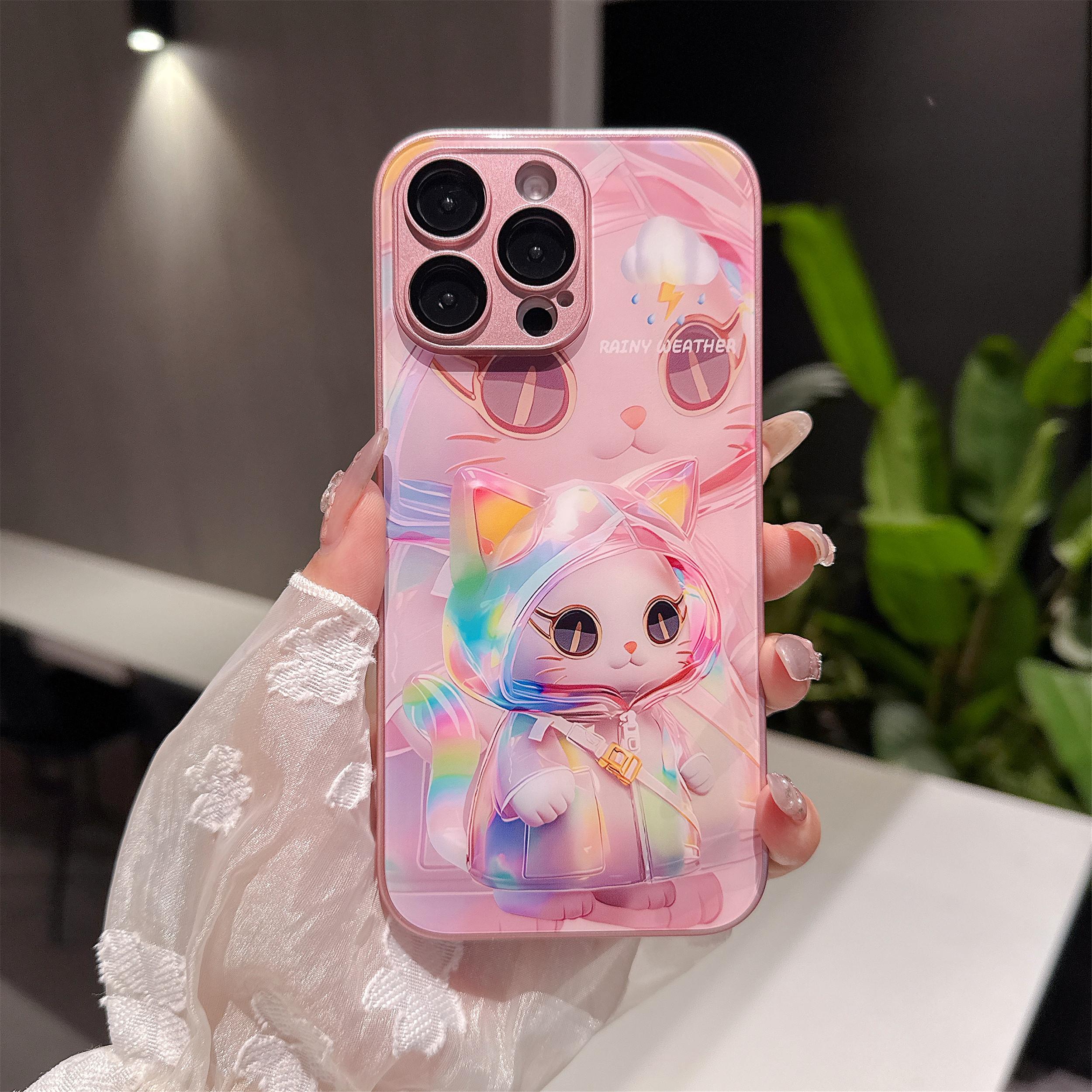 

For iPhone 15 Pro Max Case Mirror Painted Kitten Design TPU+Acrylic Phone Cover Silver