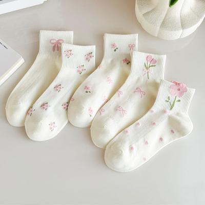 5 Paar Damen Blumensocken Lolita Weiße Socken Süße Schleifensocken für Mädchen Y2k Baumwollsocken Lustige Harajuku