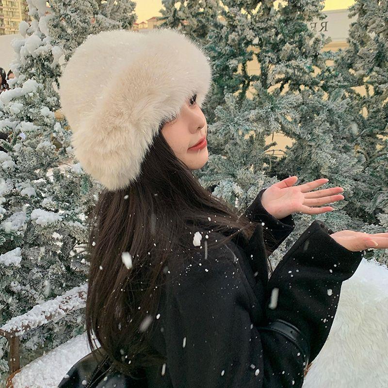 Y2K Fluffy Faux Fur Bucket Hat Women Rabbit Fur Warm Thick Plush Winter Hat Lady Luxury Fashion Furry Panama Fisherman Cap
