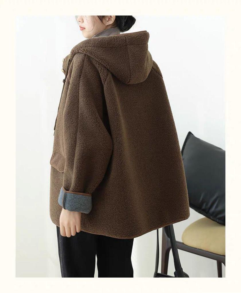 Women's Hooded Lambswool Plush Coat: Versatile Loose Fit, Velvet Lined, Thick and Warm for Autumn/Winter.