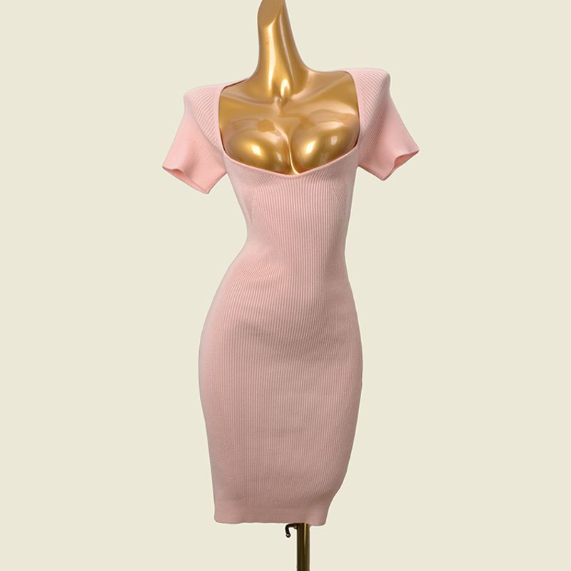 

US Fashion Brand Sexy Sexy Short Sleeve Dress Thread High Elastic Slim Fit Sexy Knitted Hip Skirt Pink 18