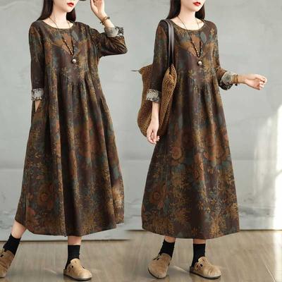 Nuevo Vestido Vintage de Algodón y Lino Estampado de Cuello Redondo y Manga Larga para Mujer, Holgado, Talla Grande, Fino, con Falda A-line Cosida para Mujer