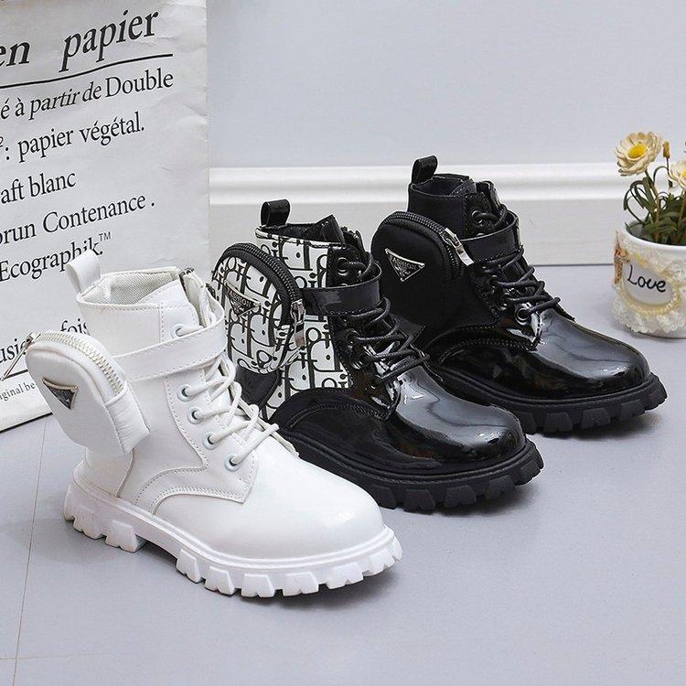 Boys And Girls Side Zipper Round Head Pocket Bag Fashion Boots Flat Bottom Short Casual Martin Boots Parent-Child