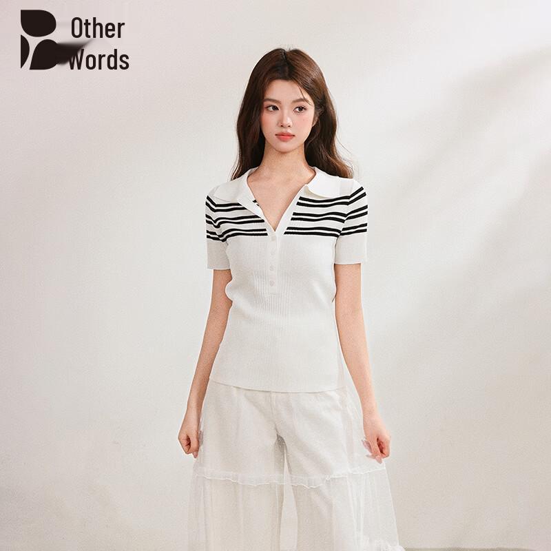 Women s Elegant Striped Polo Collar Knit Top One Size