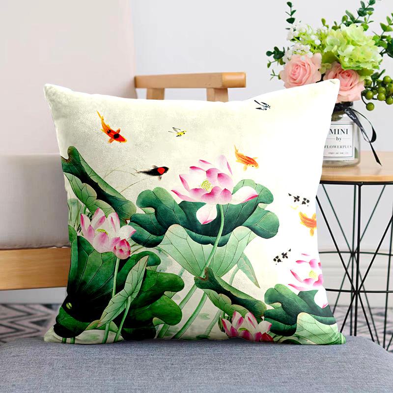 New Chinese Style Pillow Cushion Chinese Style Pillow Case Sofa Living Room Beige Lotus Zen Plush Back Pillow Case