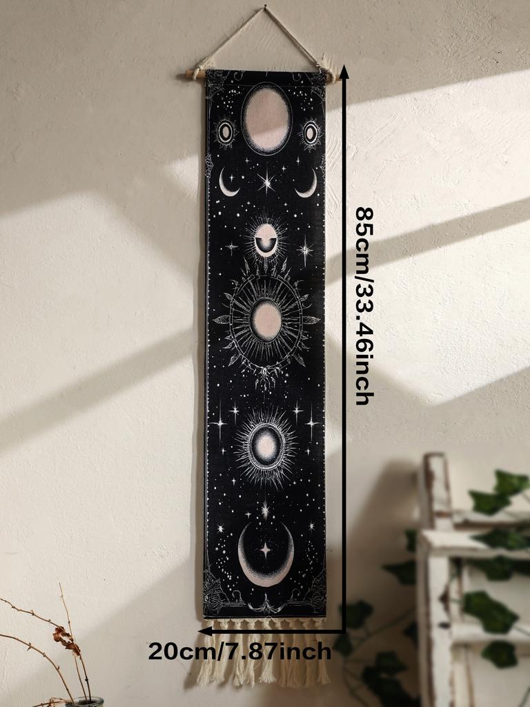 1pc Boho Celestial Wall Hanging Tapestry, Moon Phase Black and White Banner with Tassel, Witchy Bedroom Home Wall Art Decoration