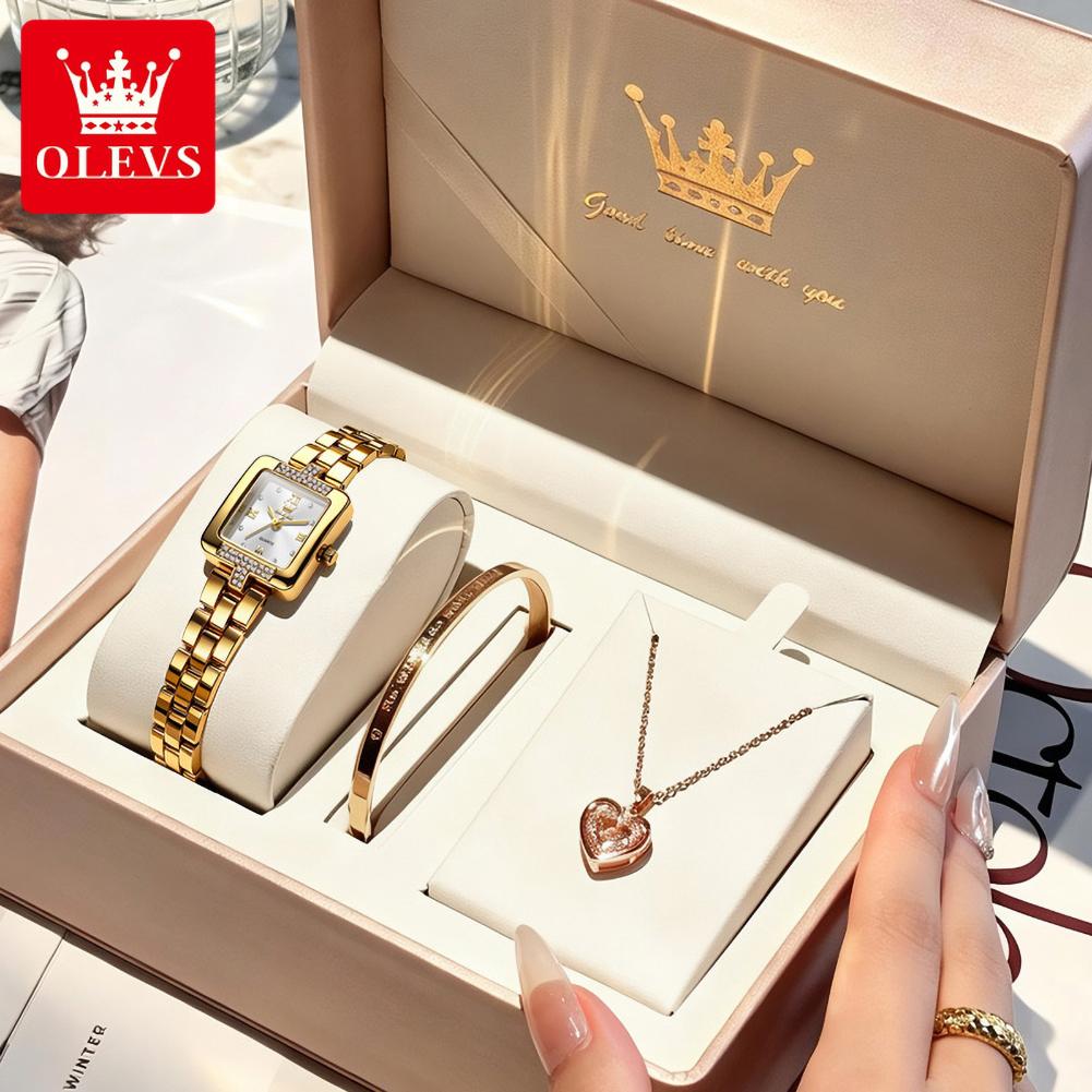 OLEVS Luxury Watch for Women Fashion Square Dial All Gold Steel Strap Original Quartz Women's Watch Waterproof Ladies Watch Set