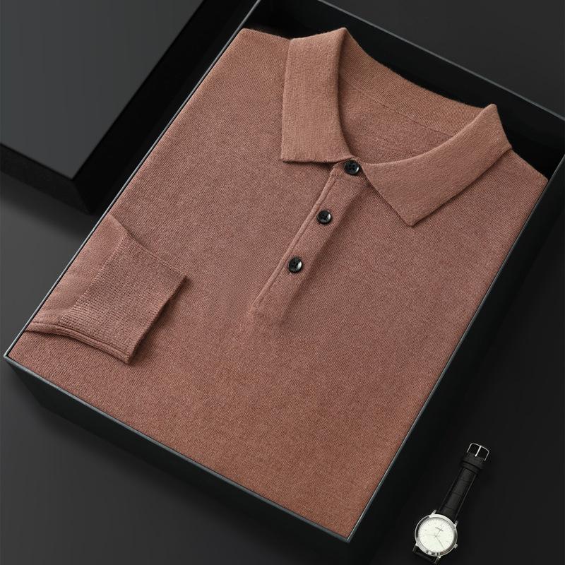 Men's Spring and Autumn Casual Polo Collar Long-sleeved Knit Shirt Solid Color Loose Business Pullover Tops